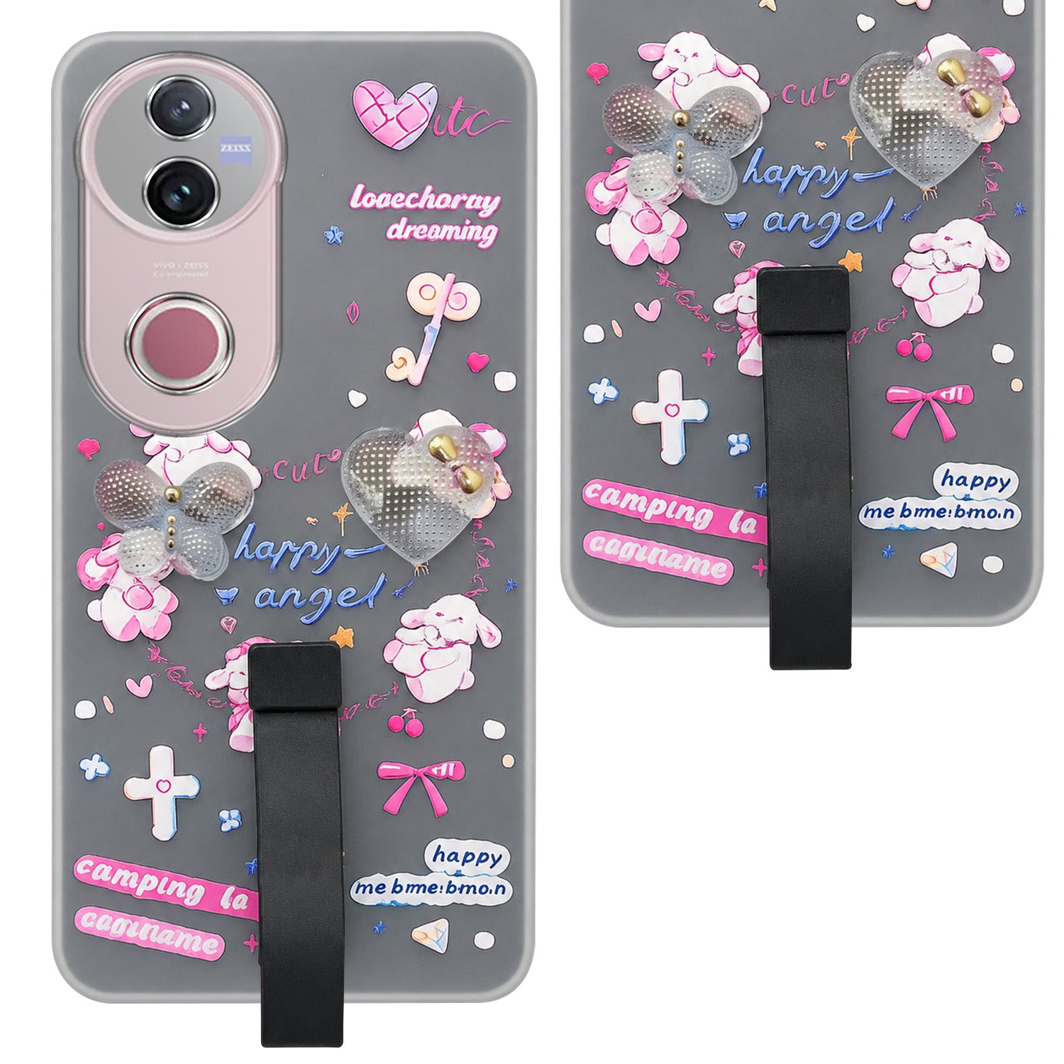 For Vivo V50 | Vivo V50e Back Cover Case (3D Cute Heart Strap Holder | Camera Protection | Designer Girls Print)