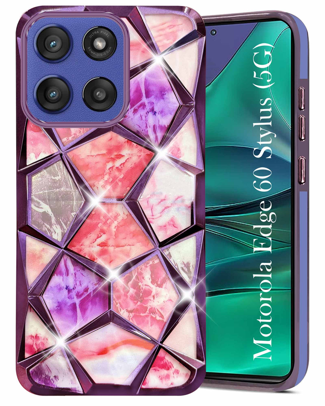 For Motorola Moto Edge 60 Stylus Back Cover Case Compatible With ( Dual Design Glitter Sparkle and Detachable Diamond Print Case | Soft and Flexible)