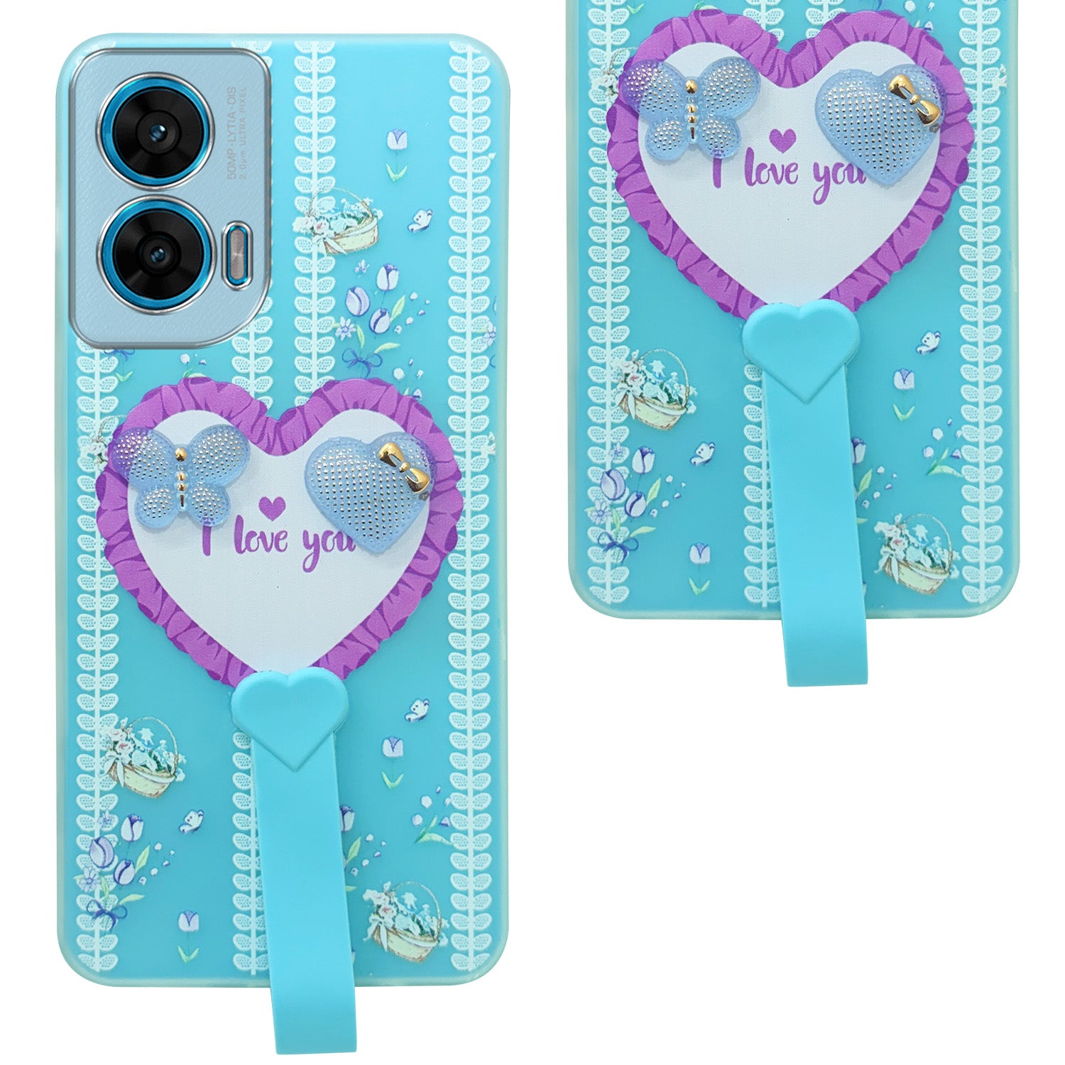 For Motorola Moto G96 Back Cover Case (3D Cute Heart Strap Holder | Camera Protection | Designer Girls Print)