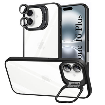 For Apple iPhone 16 Plus Back Cover Case (Camera Lens Glass | Metal Stand Holder | Shockproof Hybrid | Anti Yellow)