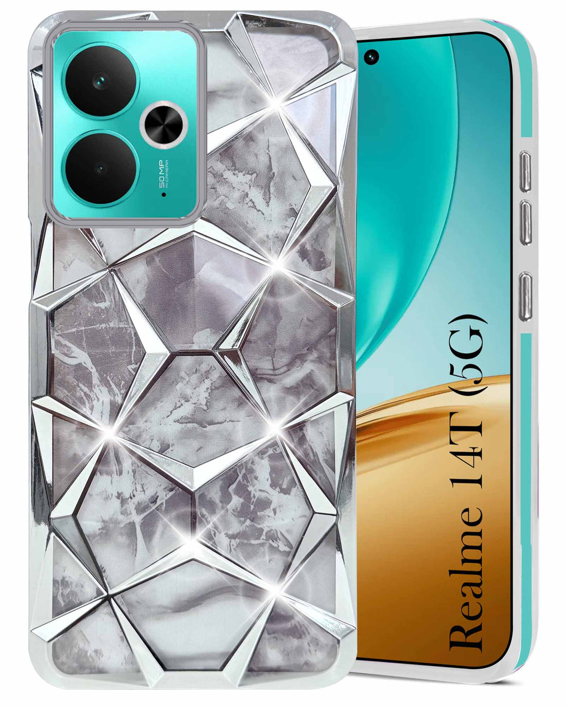 For Realme 14T Back Cover Case ( Dual Design Glitter Sparkle and Detachable Diamond Print Case | Soft and Flexible)