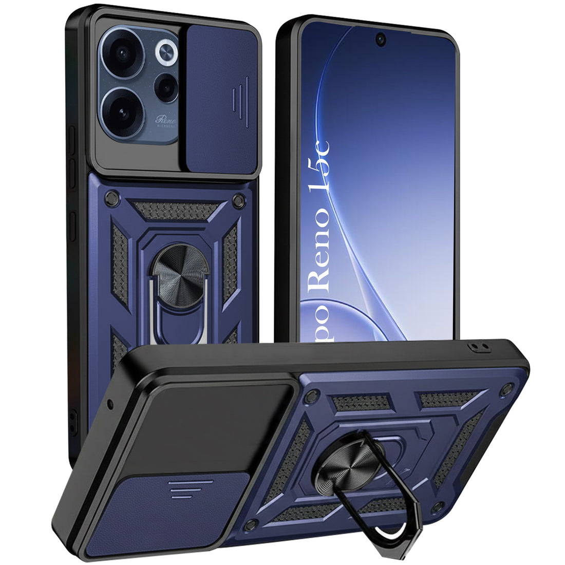 For Oppo Reno 15c Back Cover Case Hybrid Armor (Sliding Shutter Camera Protection | Polycarbonate |Ring Holder Kickstand)