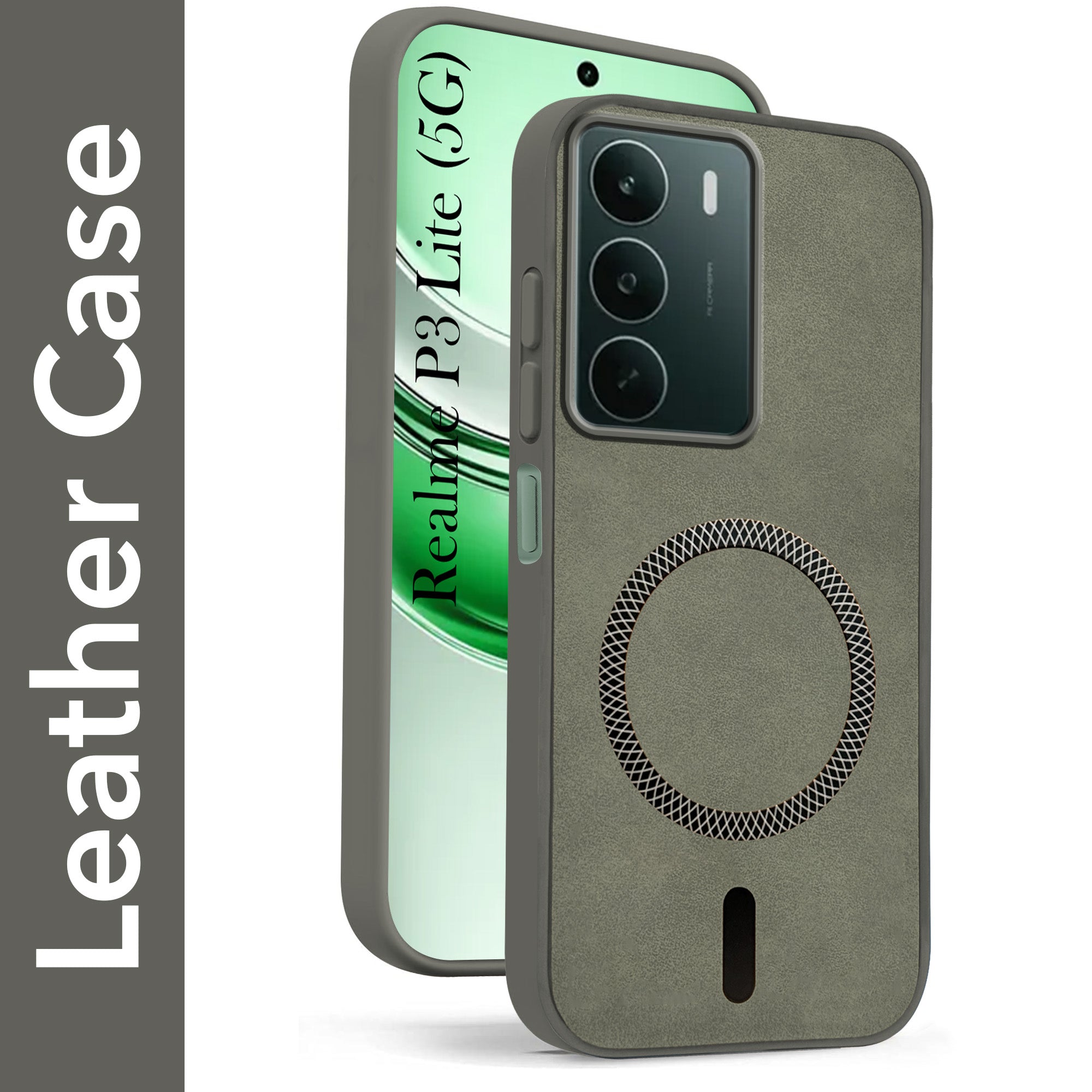 For Realme P3 lite Back Cover Case Leather Finish (MagSafe Compatible Wireless Charging | Soft Touch | Camera Bump Protection)