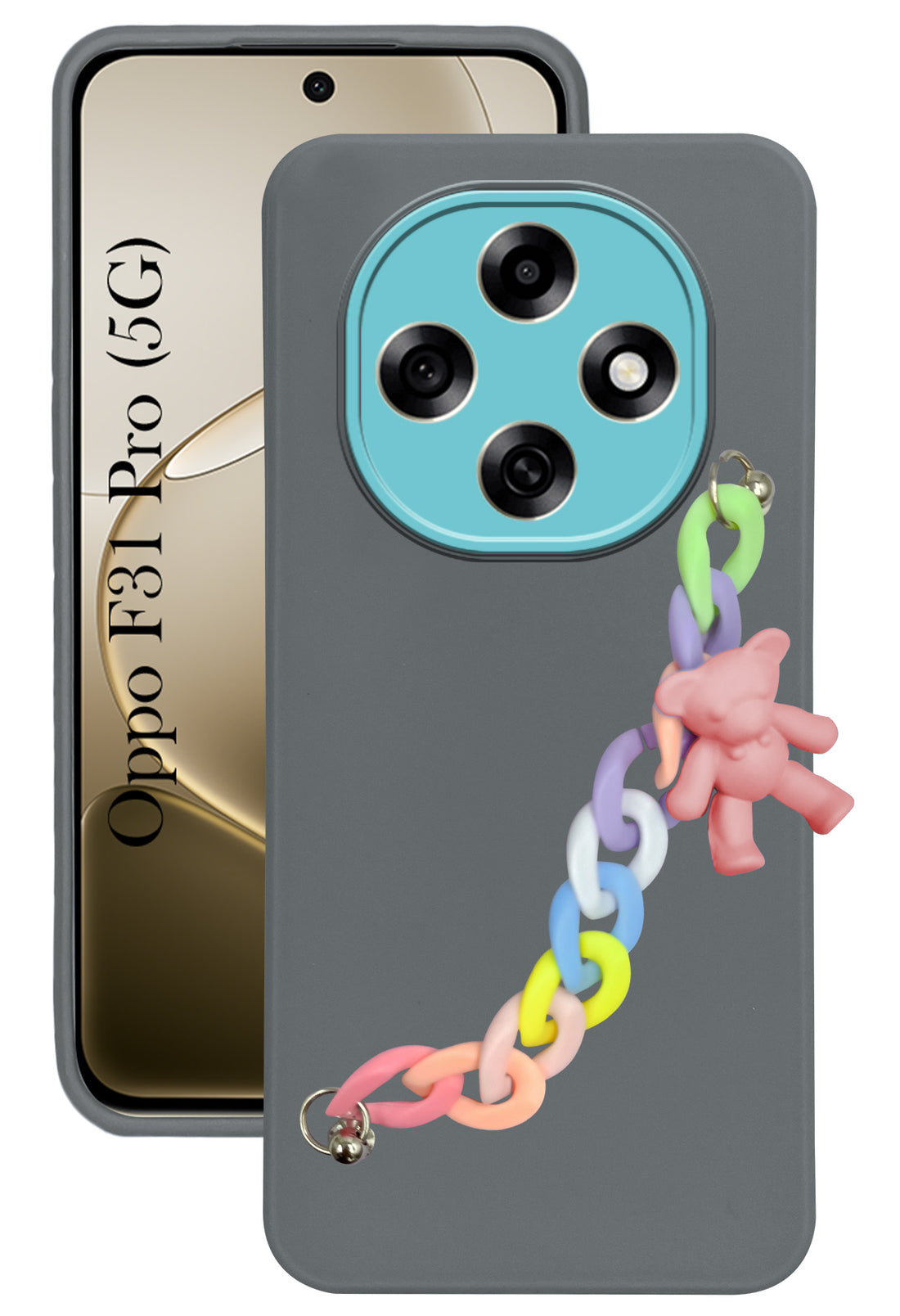 For Oppo F31 Pro Back Cover Case (Matte Finish |Wrist Hanging Chain | Teddy Bracelet Charms | Full Camera Protection)