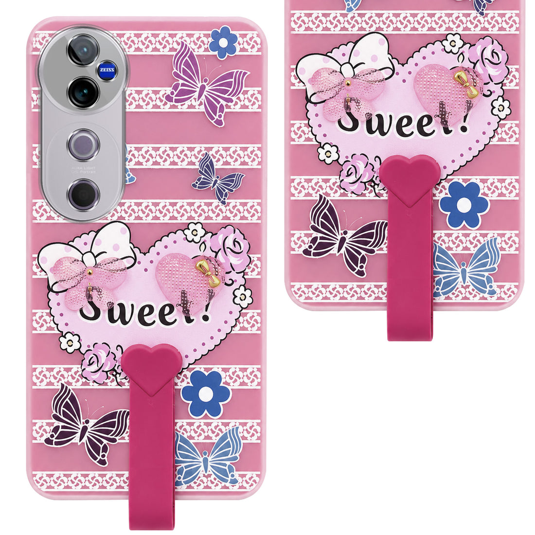For Vivo V40 | Vivo V40 Pro 5G Back Cover Case (3D Cute Heart Strap Holder | Camera Protection | Designer Girls Print)