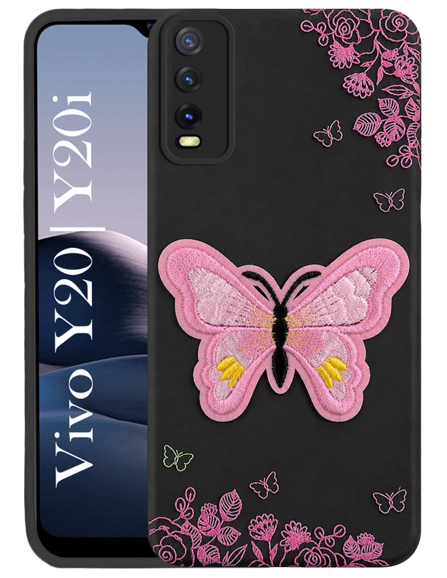 For Vivo Y20 | Y20i Back Cover Case (Soft Butterfly Embroidery | Women Teen Girls | Camera Protection| Matte Silicone)