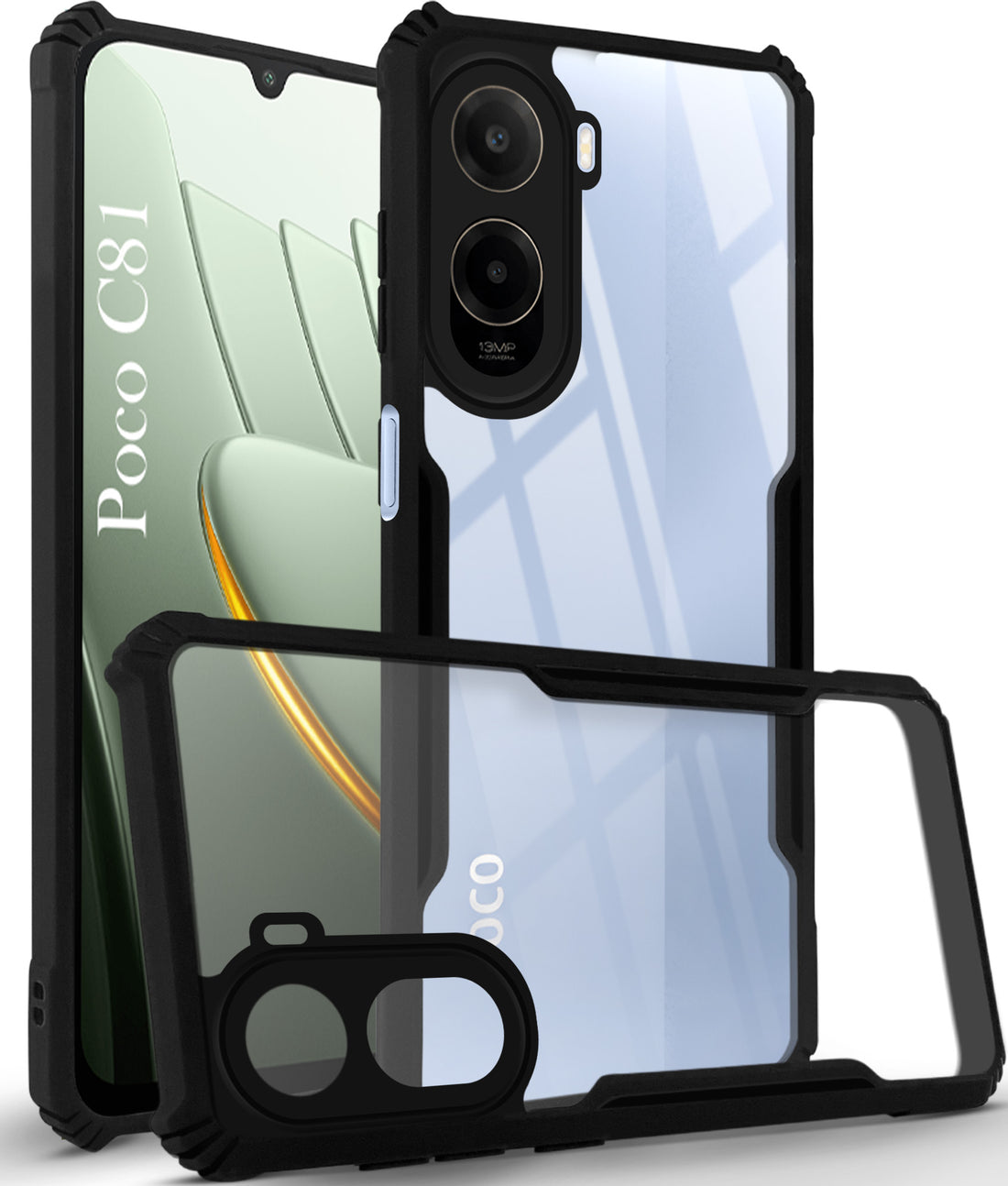 For Poco C81 5G Back Cover Case Hybrid (Shockproof with Polycarbonate Clear Panel | Professional Black)