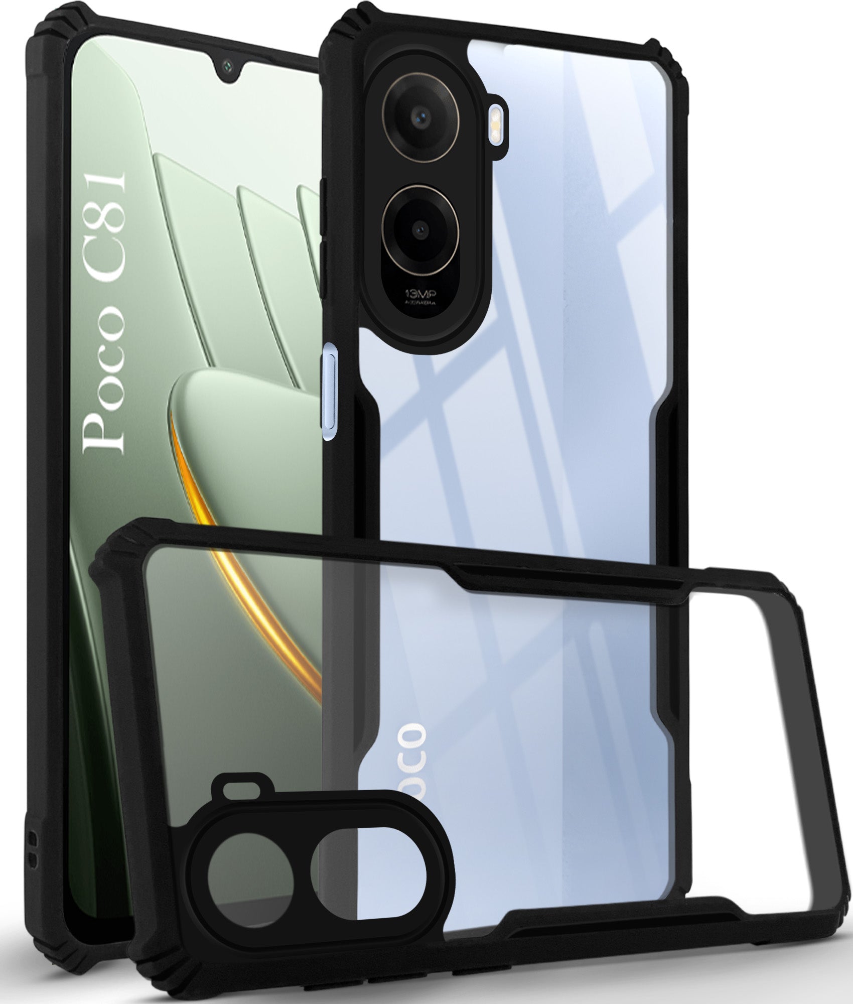 For Poco C81 5G Back Cover Case Hybrid (Shockproof with Polycarbonate Clear Panel | Professional Black) (Copy)