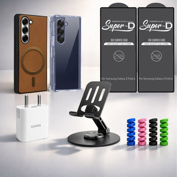 Complete Mobile Care Kit (Get Any 2 Cases+2 Tempered Glass+25W Charger Adapter+Metallic Mobile Stand+Cable Protector)