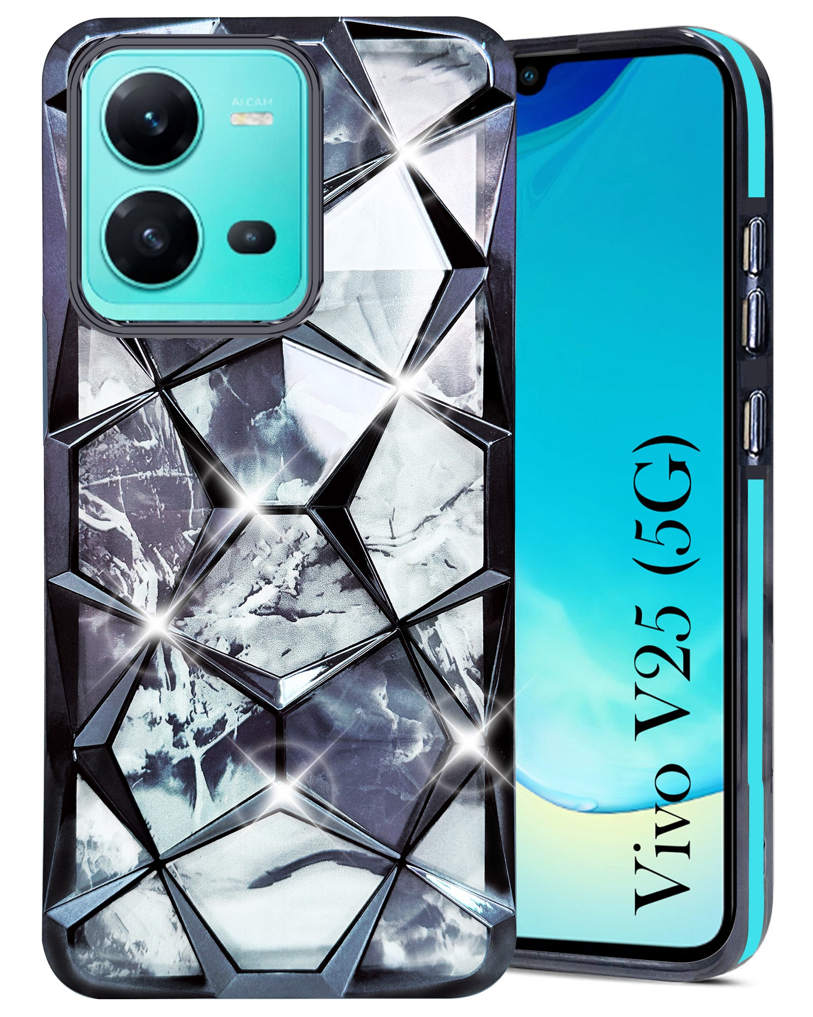 For Vivo V25 5G Back Cover Case Compatible (Dual Design Glitter Sparkle and Detachable Diamond Print Case | Soft and Flexible)