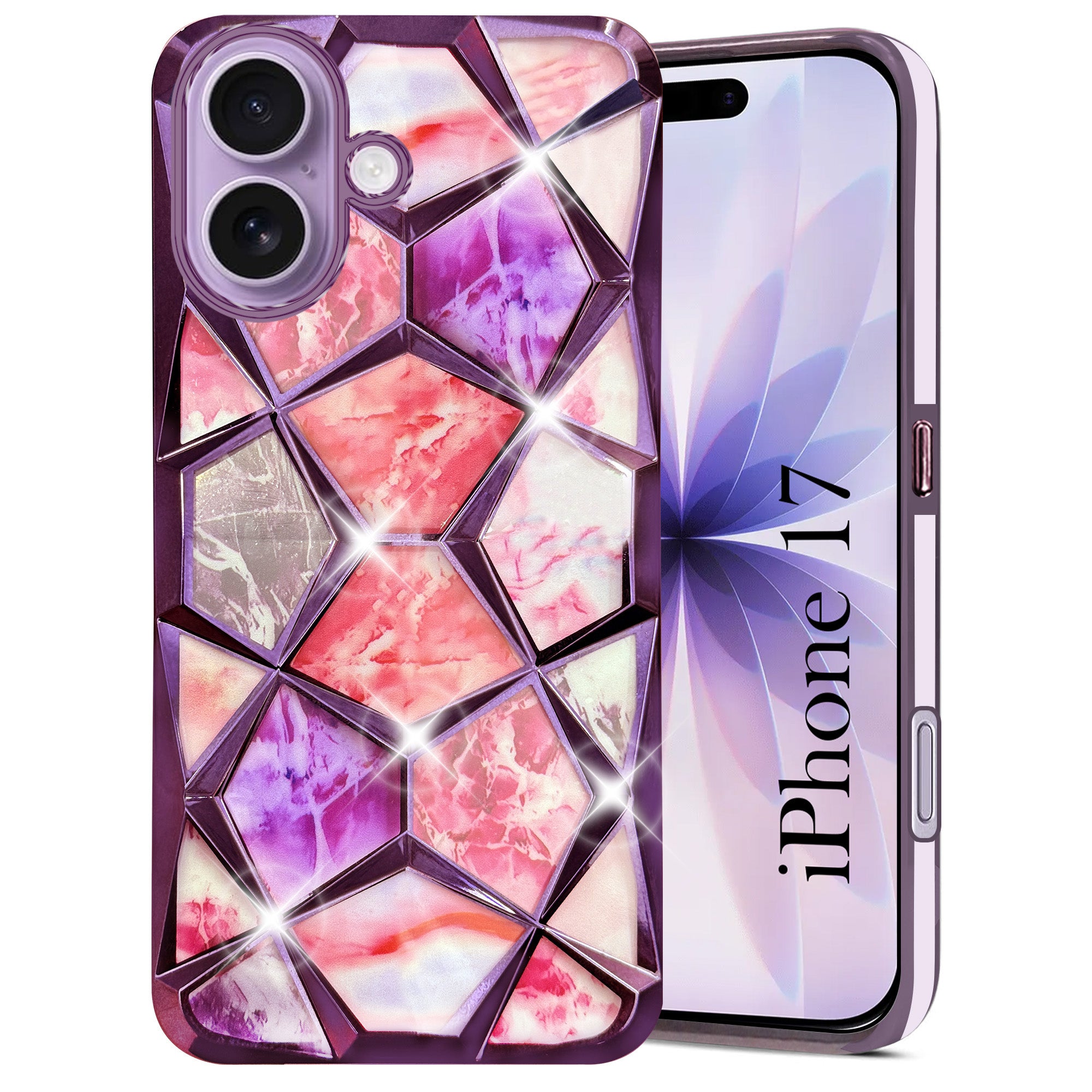 For Apple iPhone 17 Back Cover Case Compatible 3D Silicone (Dual Design Glitter Sparkle and Detachable Diamond Print Case | Soft and Flexible)