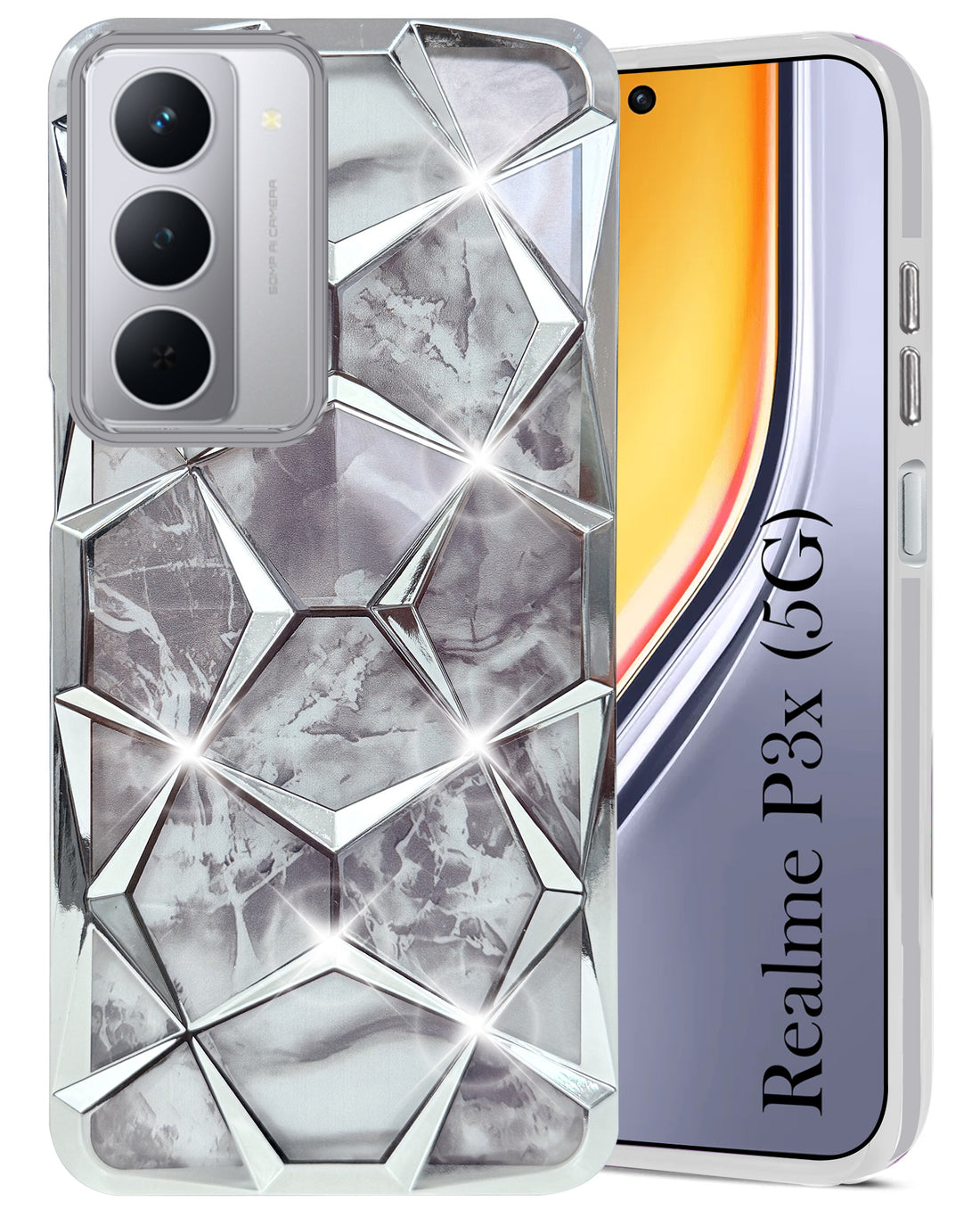 For Realme P3x Back Cover Case (Dual Design Glitter Sparkle and Detachable Diamond Print Case | Soft and Flexible)