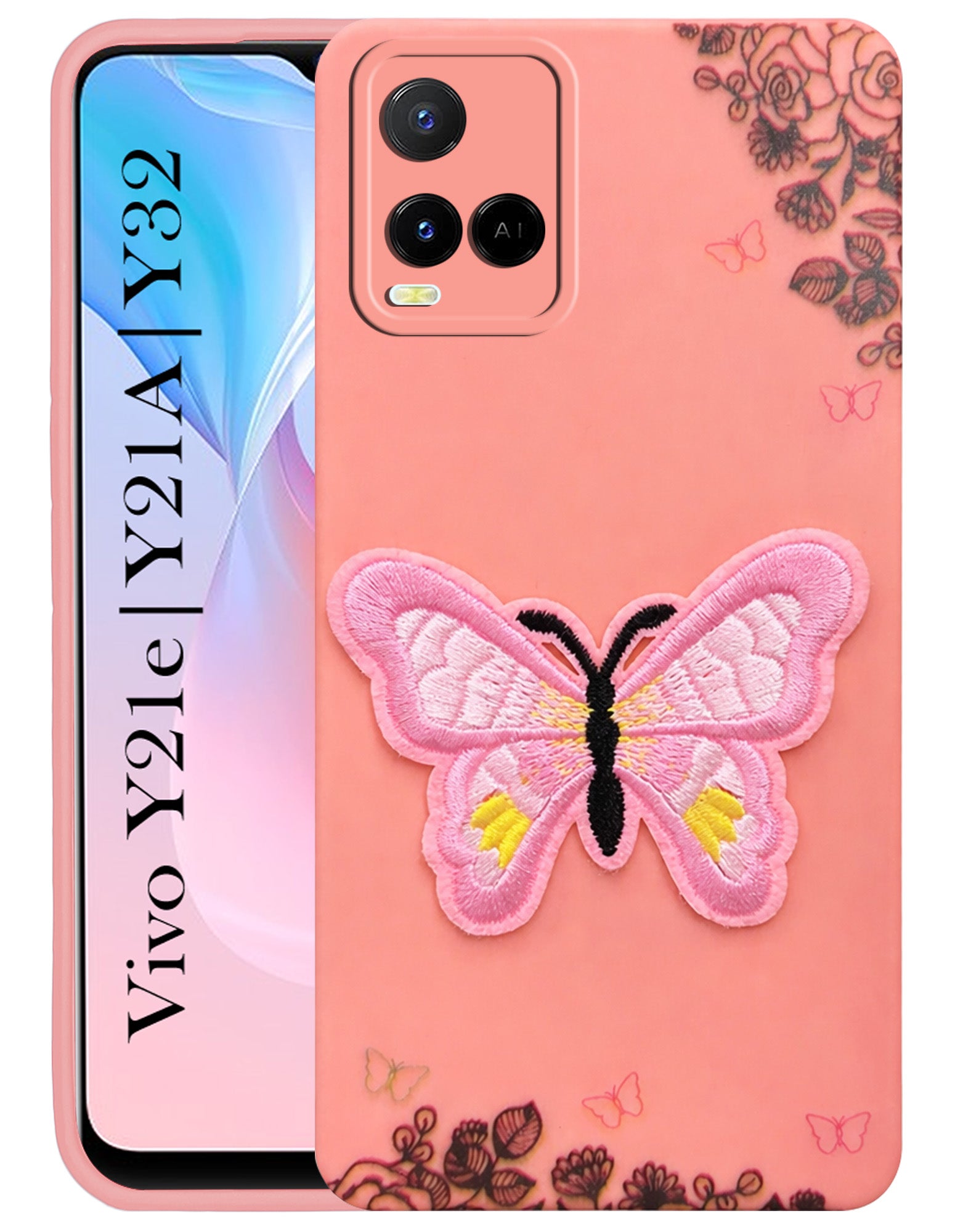 For Vivo Y21e | Vivo Y21A | Vivo Y32 Back Cover Case (Soft Butterfly Embroidery | Women Teen Girls | Camera Protection| Matte Silicone)