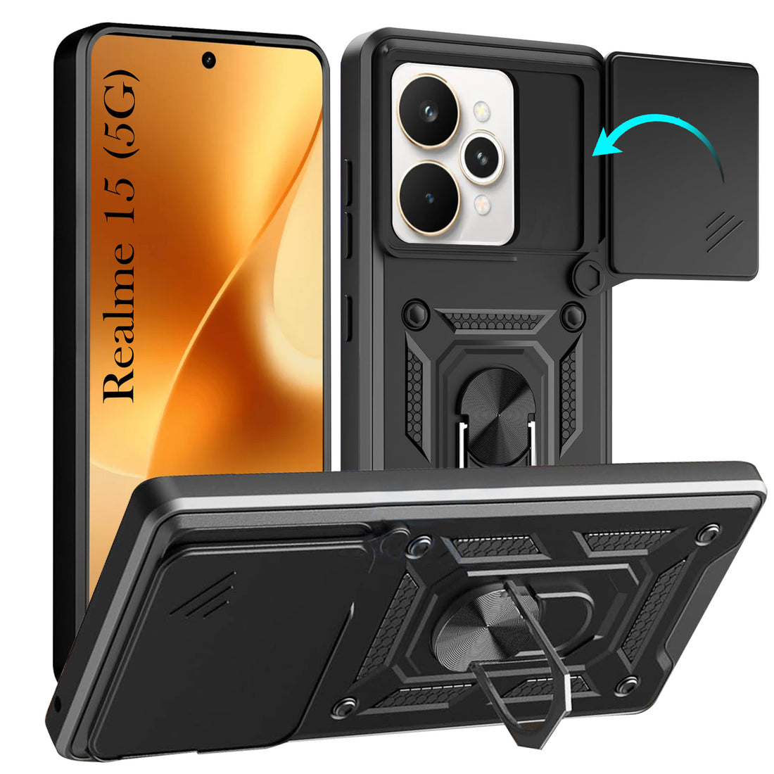 For Realme 15 Back Cover Case (Sliding Shutter Camera Protection | Polycarbonate |Ring Holder Kickstand)