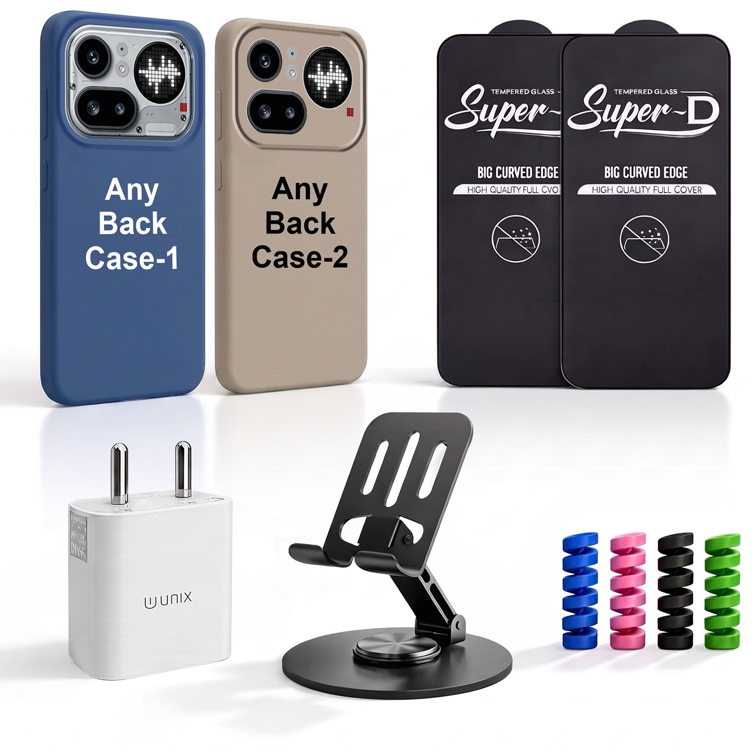 Complete Mobile Care Kit (Get Any 2 Cases+2 Tempered Glass+25W Charger Adapter+Metallic Mobile Stand+Cable Protector)