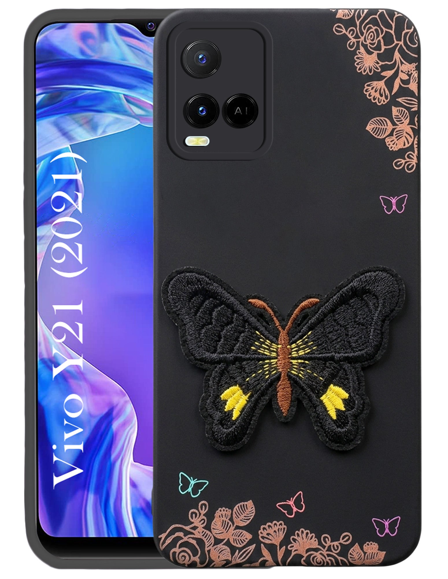 For Vivo Y21 2021 Back Cover Case (Soft Butterfly Embroidery | Women Teen Girls | Camera Protection| Matte Silicone)