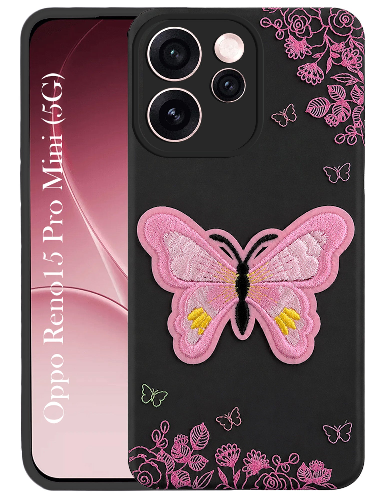For Oppo Reno15 Pro Mini 5G | Oppo Reno 15 Pro Mini 5G Back Cover Case (Soft Butterfly Embroidery | Women Teen Girls | Camera Protection| Matte Silicone)