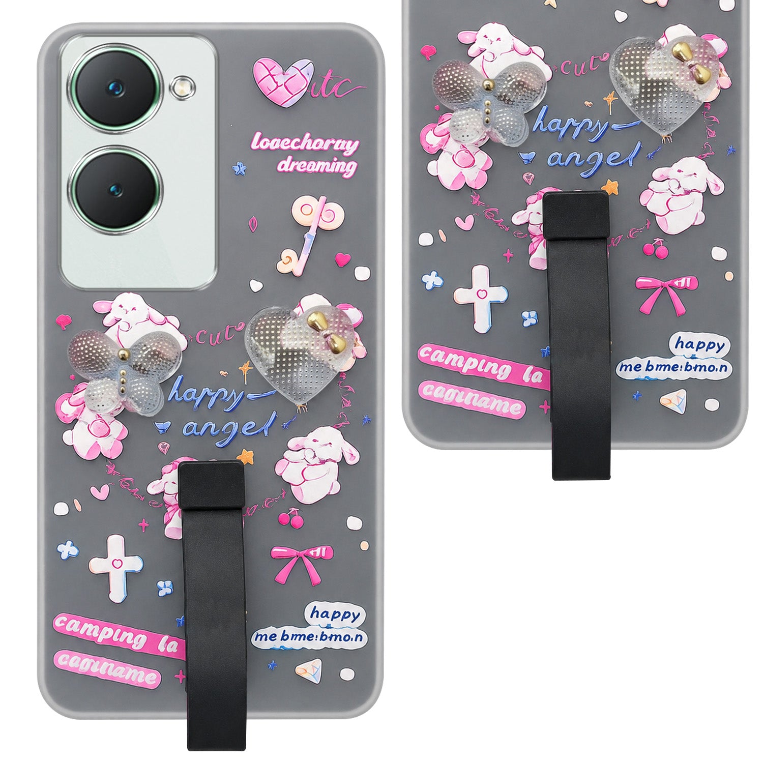 For Vivo Y18 | Y18e | Y03 | Y18i | Y18t Back Cover Case (3D Cute Heart Strap Holder | Camera Protection | Designer Girls Print)