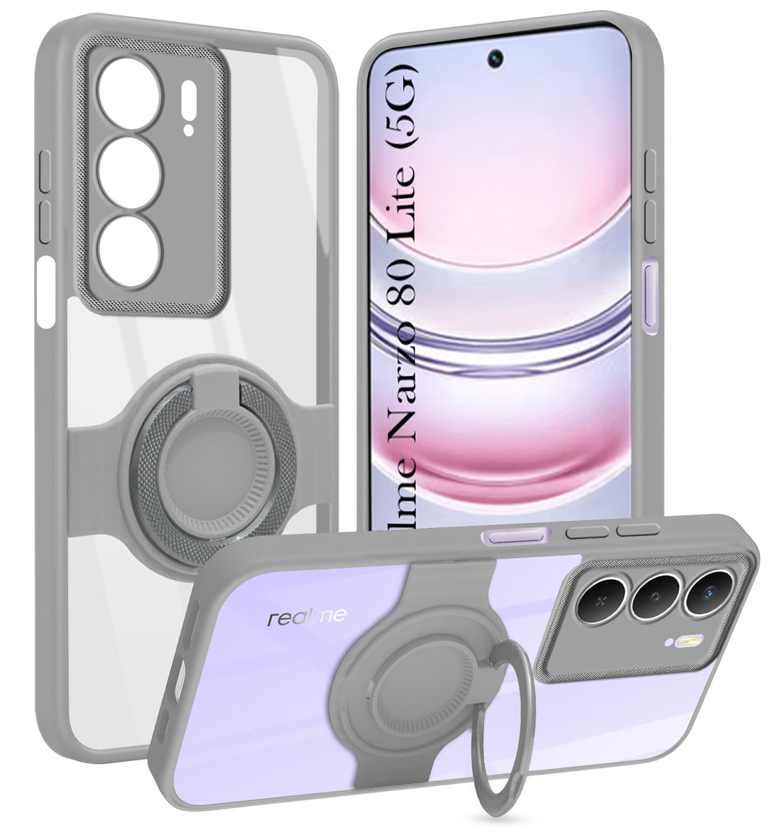 For Realme Narzo 80 Lite 5G Back Cover Case with stand (Built-in Ring Holder Kickstand | Lifetime Anti Yellow | Camera Protection)