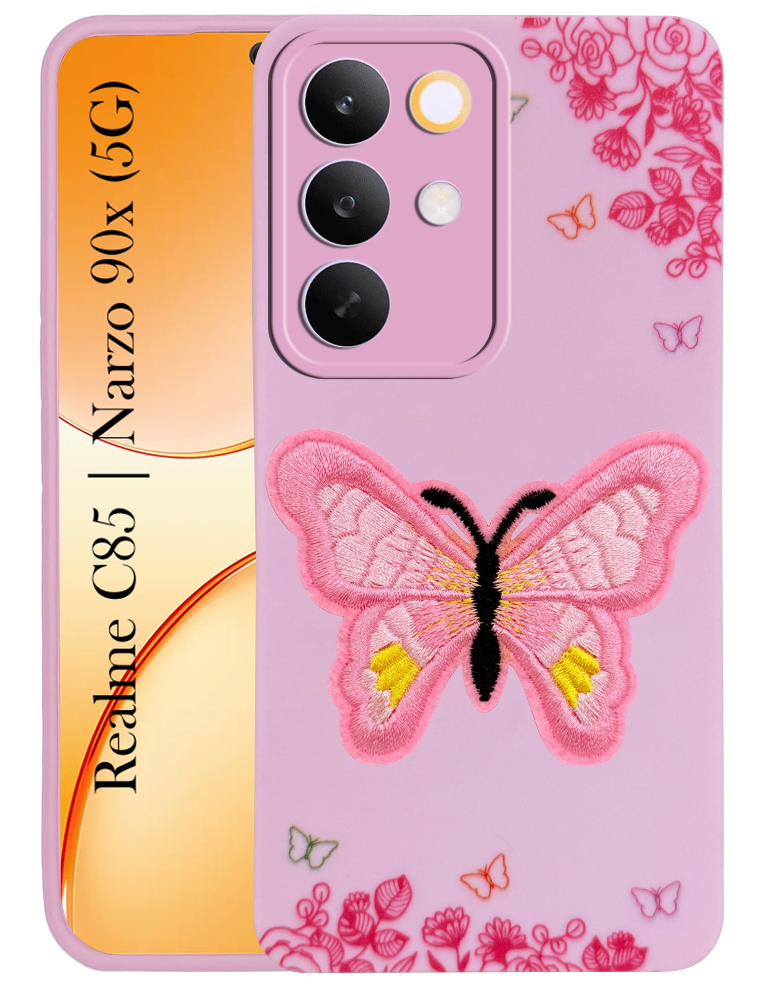 For Realme C85 5G | Realme Narzo 90x Back Cover Case (Soft Butterfly Embroidery | Women Teen Girls | Camera Protection| Matte Silicone)