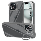 For Apple iPhone 15 Back Cover Case (Camera Lens Glass | Metal Stand Holder | Shockproof Hybrid | Anti Yellow |)