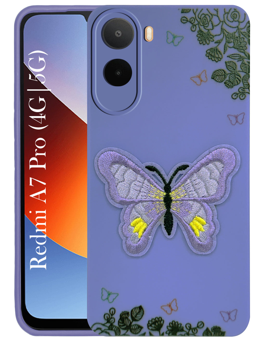 For Redmi A7 Pro 5G Back Cover Case (Soft Butterfly Embroidery | Women Teen Girls | Camera Protection| Matte Silicone)