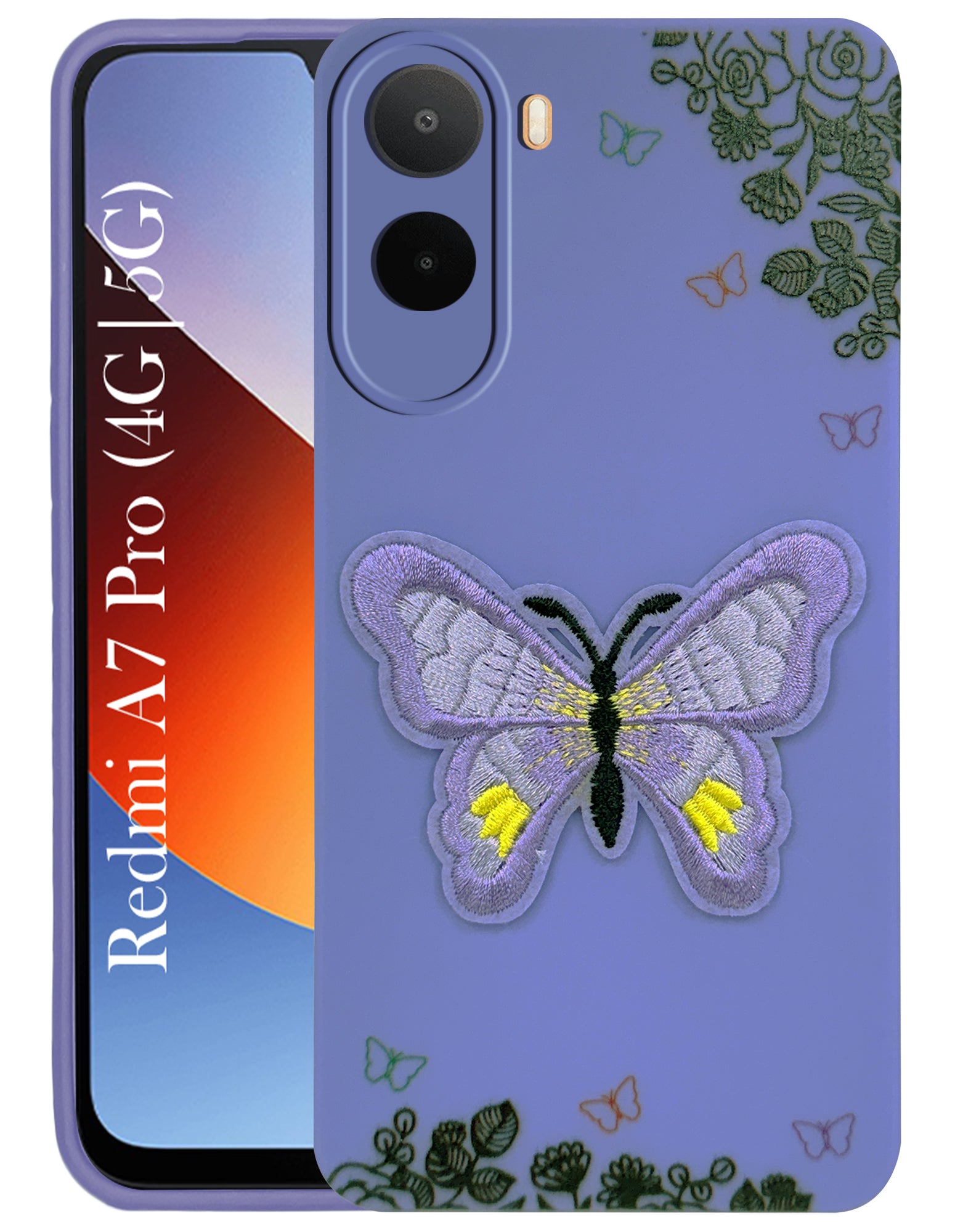 For Redmi A7 Pro 5G Back Cover Case (Soft Butterfly Embroidery | Women Teen Girls | Camera Protection| Matte Silicone)
