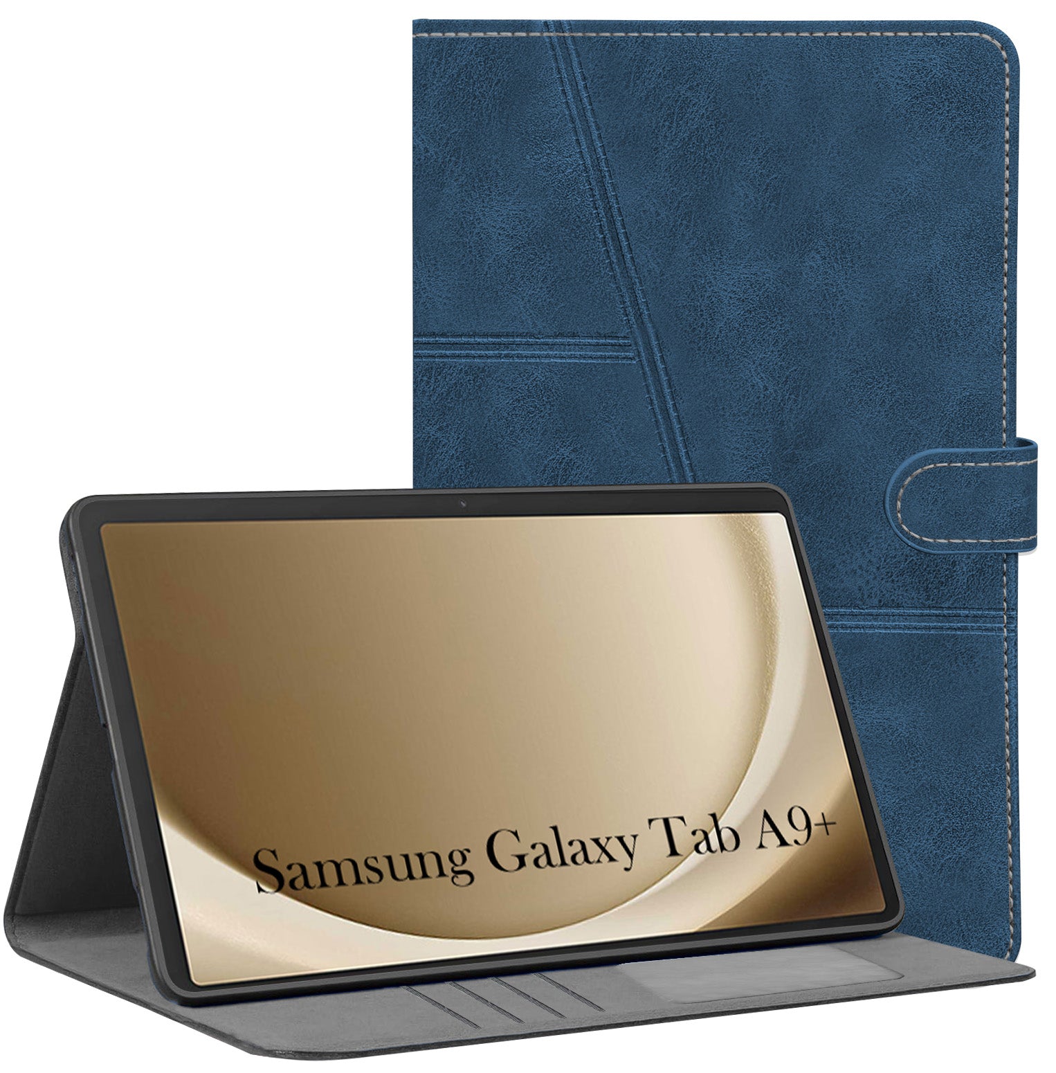 For Flip Cover Folio Case Samsung Galaxy Tab A9+ (SM-X210, SM-X215, SM-X216B) 12 Inch (PU Leather | Multi-Angle Smart Stand | Card Storage Slots | Silicone Back Pouch)