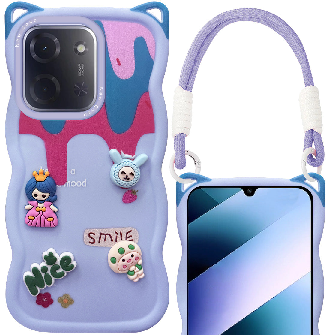 For Poco C85 5G Back Case Cover Strap (3D Embossed Figures | Strap Holder | 360* Soft Cushion with Camera Bump)