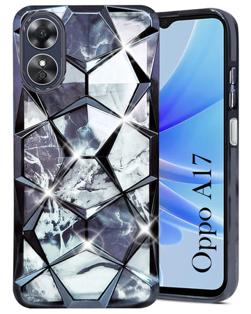 For Oppo A17 Back Cover Case Compatible 3D Silicone (Dual Design Glitter Sparkle and Detachable Diamond Print Case | Soft and Flexible)