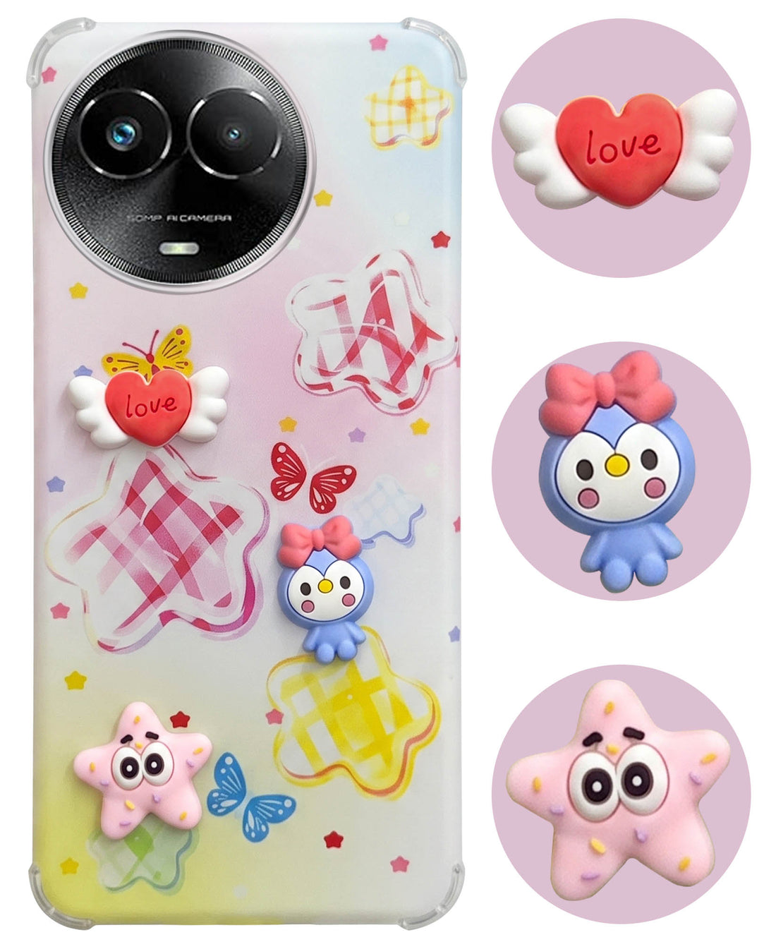 For Realme Narzo 60x Back Cover Case (3D Cute Cartoons | Hard Back Side Soft | Matte Premium Finish | HD Printing)