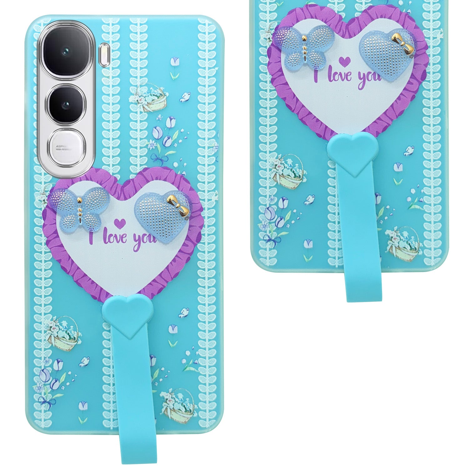 For Vivo Y400 Back Cover Case (3D Cute Heart Strap Holder | Camera Protection | Designer Girls Print)