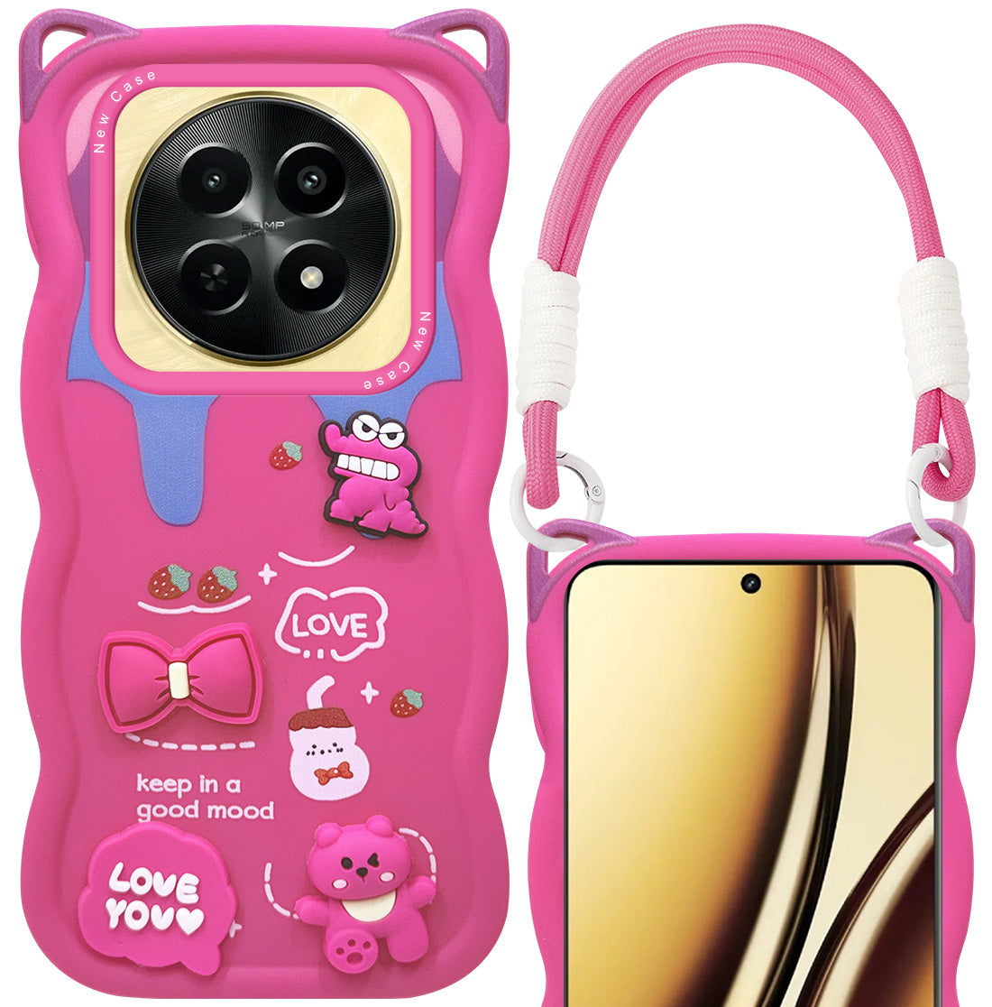 For Realme Narzo N65 5G Back Case Cover Strap (3D Embossed Figures | Strap Holder | 360* Soft Cushion with Camera Bump)