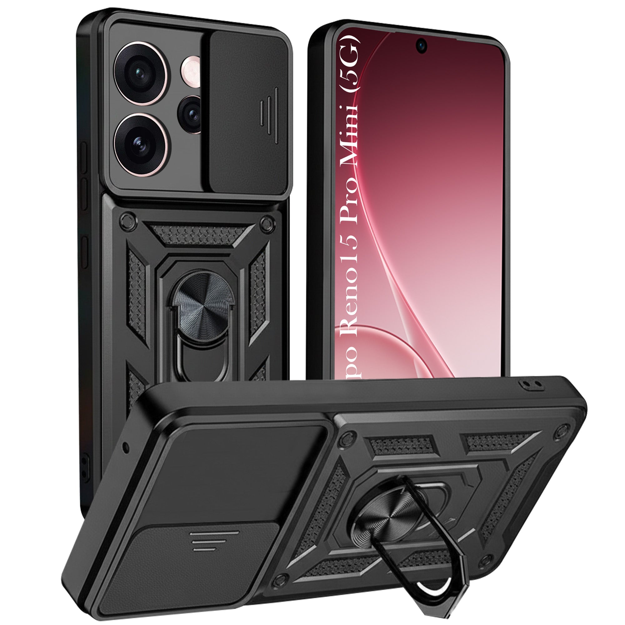 For Oppo Reno15 Pro Mini 5G | Oppo Reno 15 Pro Mini 5G Back Cover Case Hybrid Armor (Sliding Shutter Camera Protection | Polycarbonate |Ring Holder Kickstand)