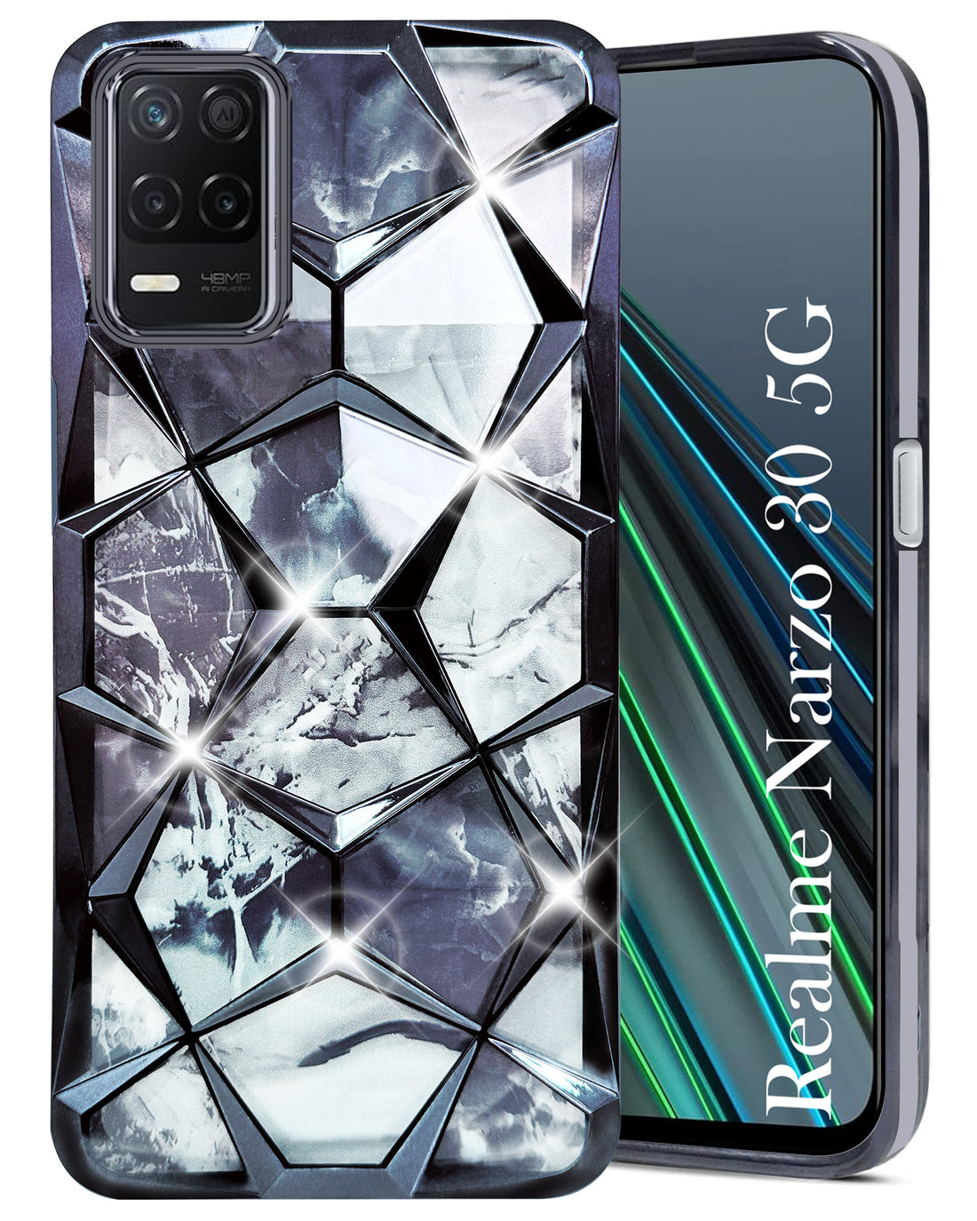For Realme Narzo 30 5G Back Cover Case (Dual Design Glitter Sparkle and Detachable Diamond Print Case | Soft and Flexible)