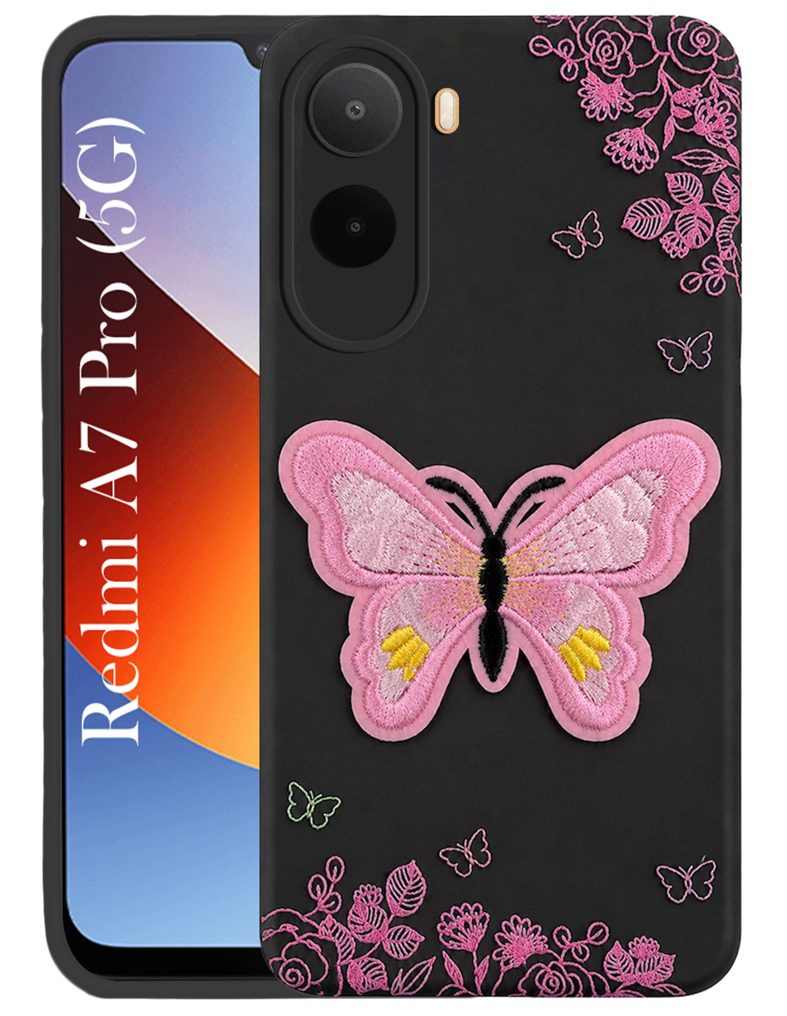 For Redmi A7 Pro 5G Back Cover Case (Soft Butterfly Embroidery | Women Teen Girls | Camera Protection| Matte Silicone)