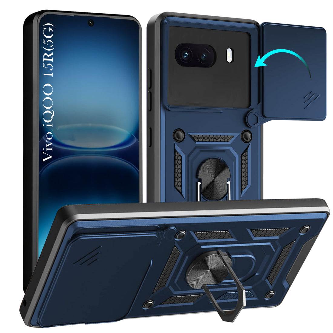 For Vivo iQOO 15R 5G Back Cover Case Hybrid Armor (Sliding Shutter Camera Protection | Polycarbonate |Ring Holder Kickstand)