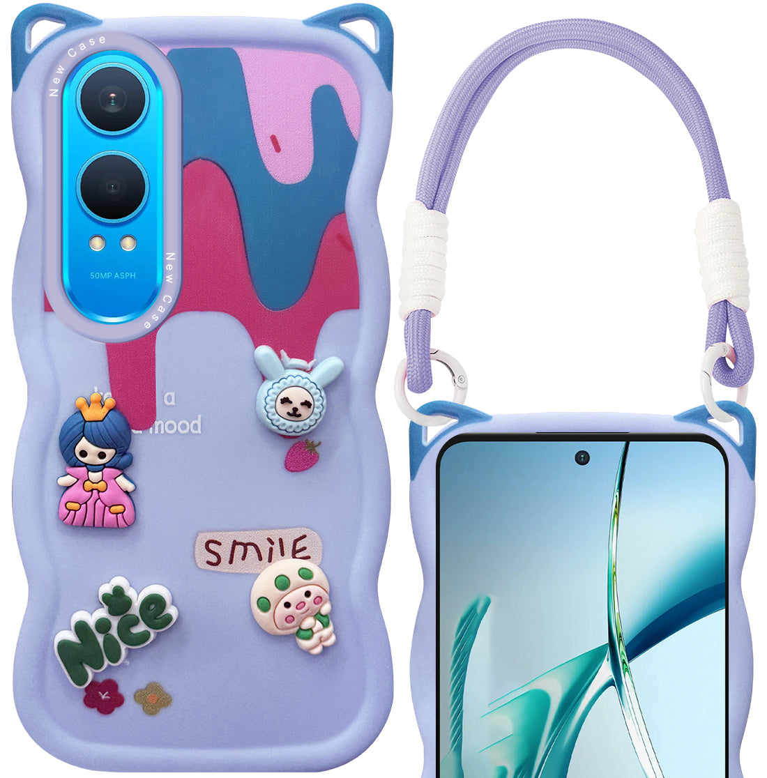 For OnePlus Nord CE 4 Lite Back Case Cover Strap (3D embossed Figures | Strap Holder | 360* Soft Cushion with Camera Bump)