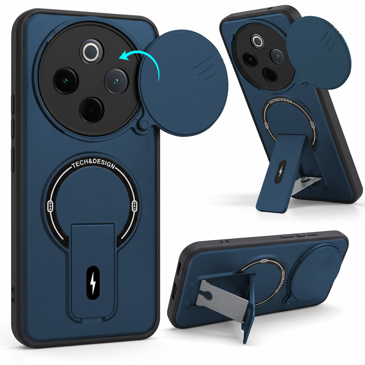 For Vivo T4 Back Case Cover Metallic (Hybrid Armor Kickstand | Sliding Shutter Camera Protection | MagSafe Compatible)