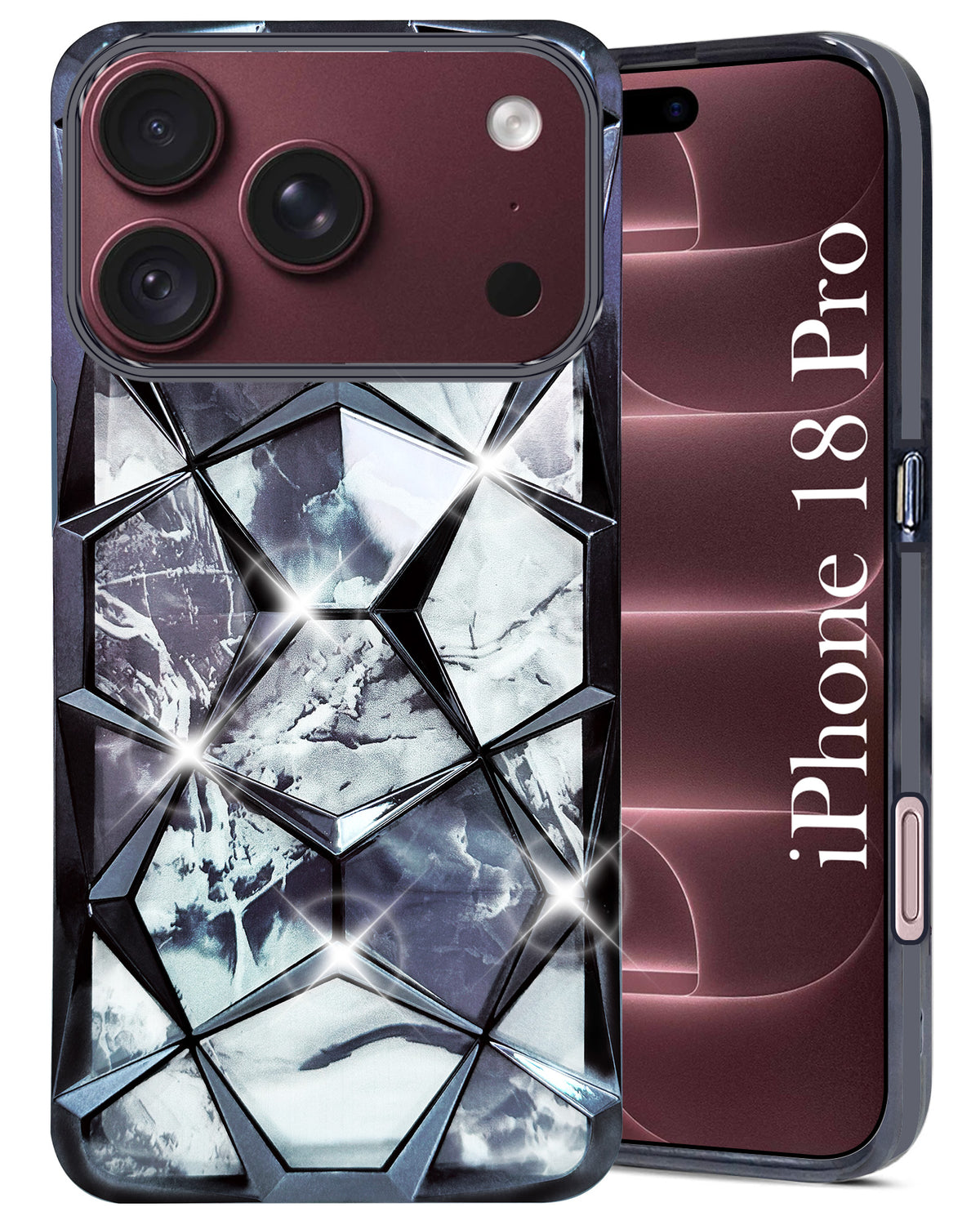 For Apple iPhone 18 Pro Back Cover Case Compatible 3D Silicone (Dual Design Glitter Sparkle and Detachable Diamond Print Case | Soft and Flexible)