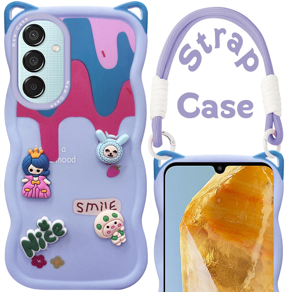 For Samsung Galaxy M15 5G Back Case Cover Strap (3D embossed Figures | Strap Holder | 360* Soft Cushion with Camera Bump)