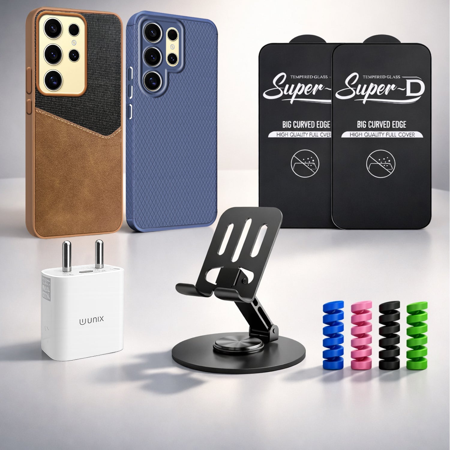 Complete Mobile Care Kit (Get Any 2 Cases+2 Tempered Glass+25W Charger Adapter+Metallic Mobile Stand+Cable Protector)