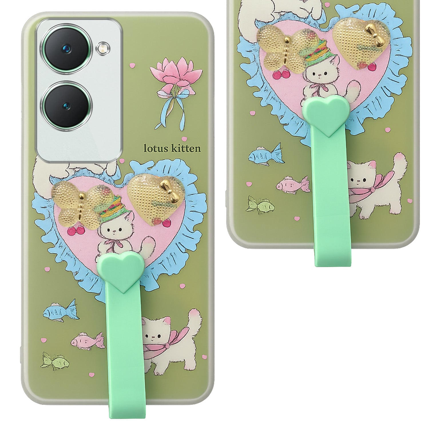 For Vivo Y18 | Y18e | Y03 | Y18i | Y18t Back Cover Case (3D Cute Heart Strap Holder | Camera Protection | Designer Girls Print)