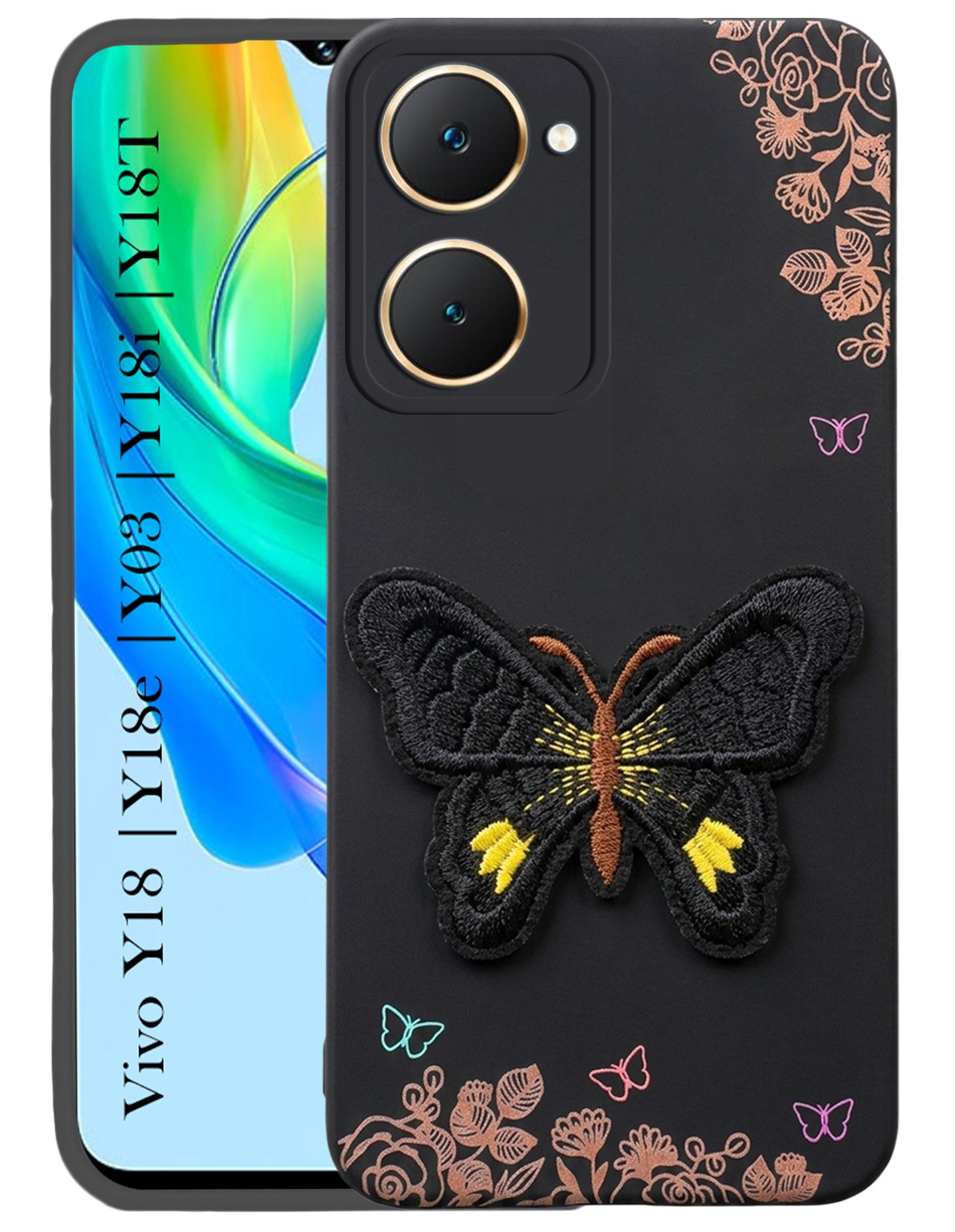 For Vivo Y18 | Vivo Y18e | Vivo Y03 | Vivo Y18i | Vivo Y18T Back Cover Case (Soft Butterfly Embroidery | Women Teen Girls | Camera Protection| Matte Silicone)
