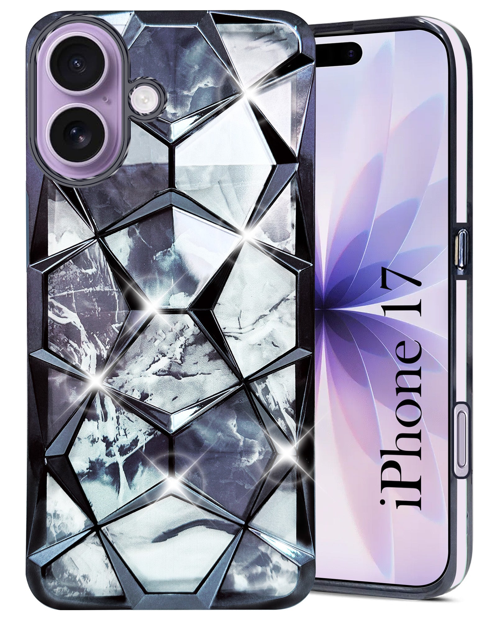 For Apple iPhone 17 Back Cover Case Compatible 3D Silicone (Dual Design Glitter Sparkle and Detachable Diamond Print Case | Soft and Flexible)