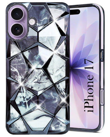 For Apple iPhone 17 Back Cover Case Compatible 3D Silicone (Dual Design Glitter Sparkle and Detachable Diamond Print Case | Soft and Flexible)
