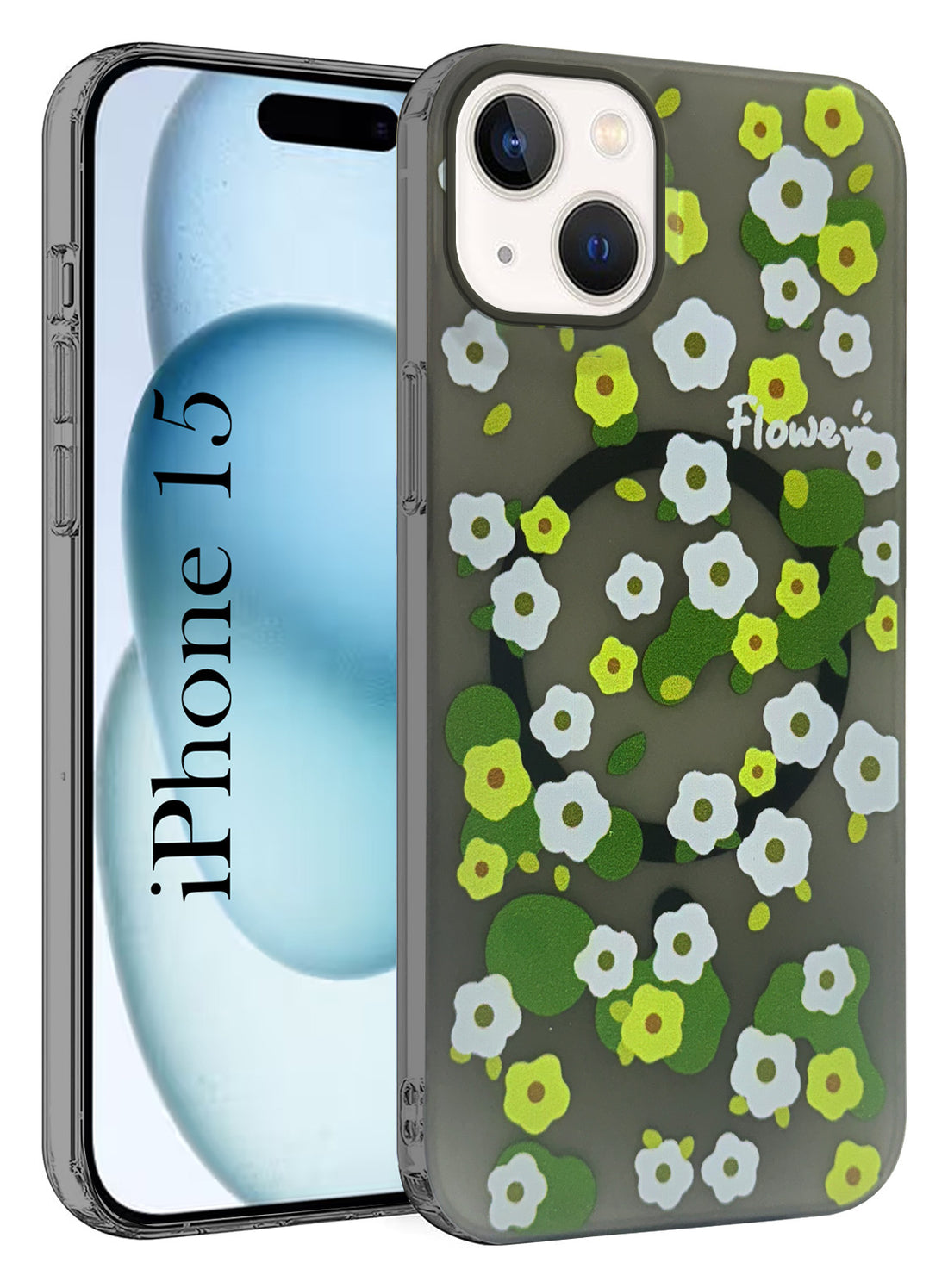 For Apple iPhone 15 Back Cover Case (Cute Floral Design | Flower Print for Girls | MagSafe Compatible Wireless Charging)