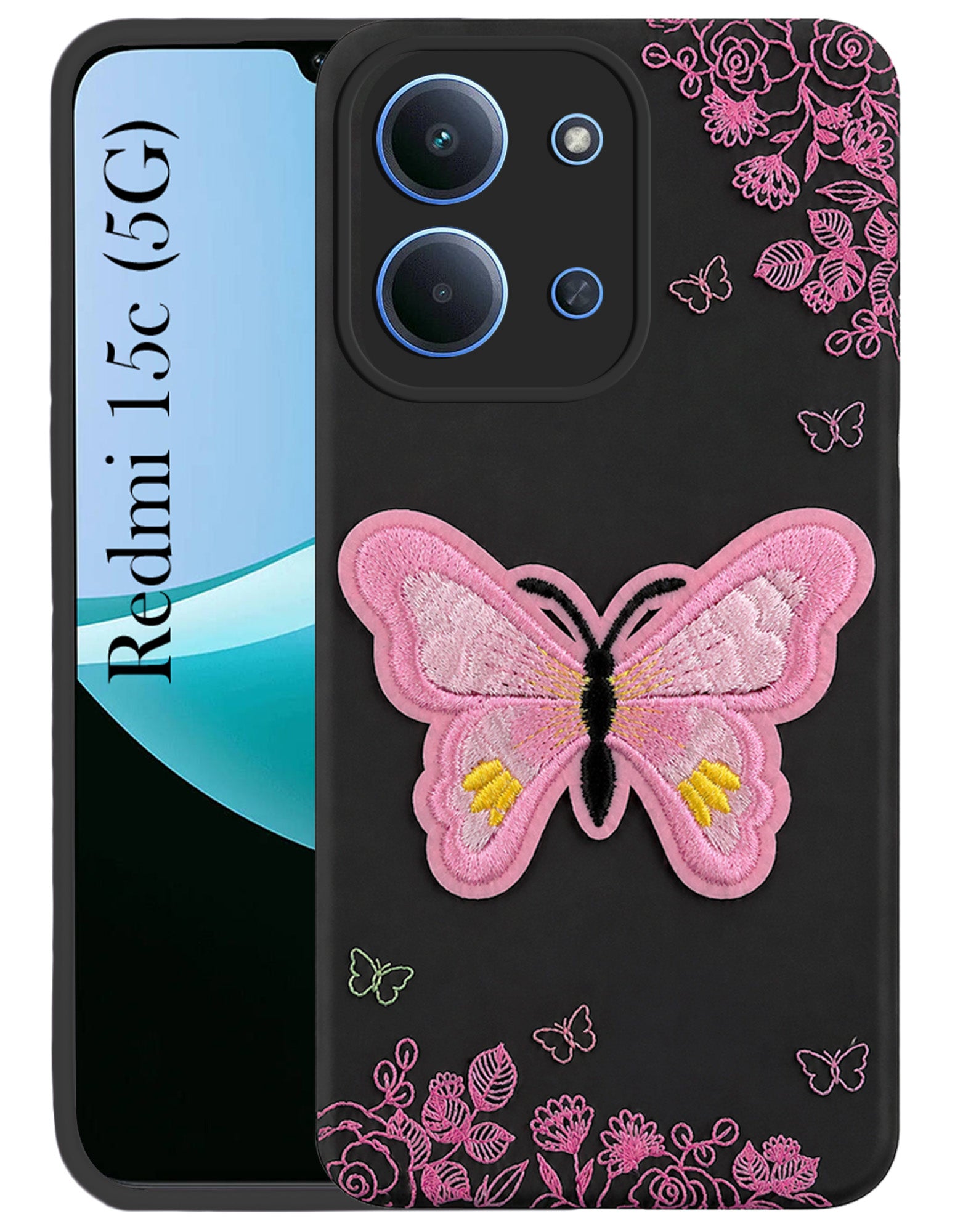 For Redmi 15C Back Cover Case (Soft ButterFly Embroidery | Women Teen Girls | Camera Protection| Matte Silicone)
