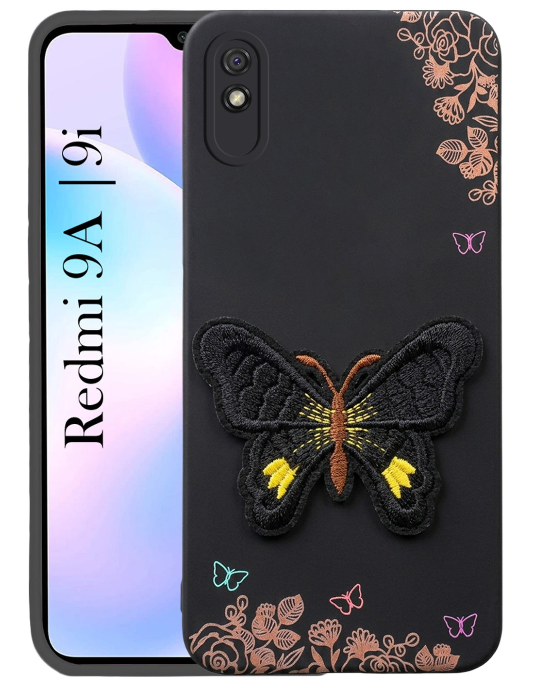 For Xiaomi Mi Redmi 9A | Redmi 9i Back Cover Case (Soft Butterfly Embroidery | Women Teen Girls | Camera Protection| Matte Silicone)