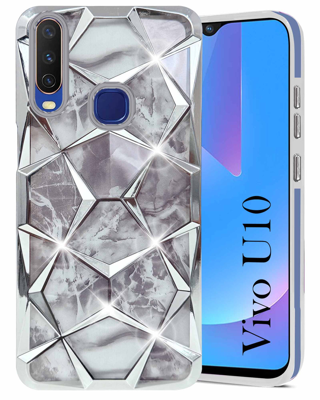 For Vivo U10 Back Cover Case (Dual Design Glitter Sparkle and Detachable Diamond Print Case | Soft and Flexible)